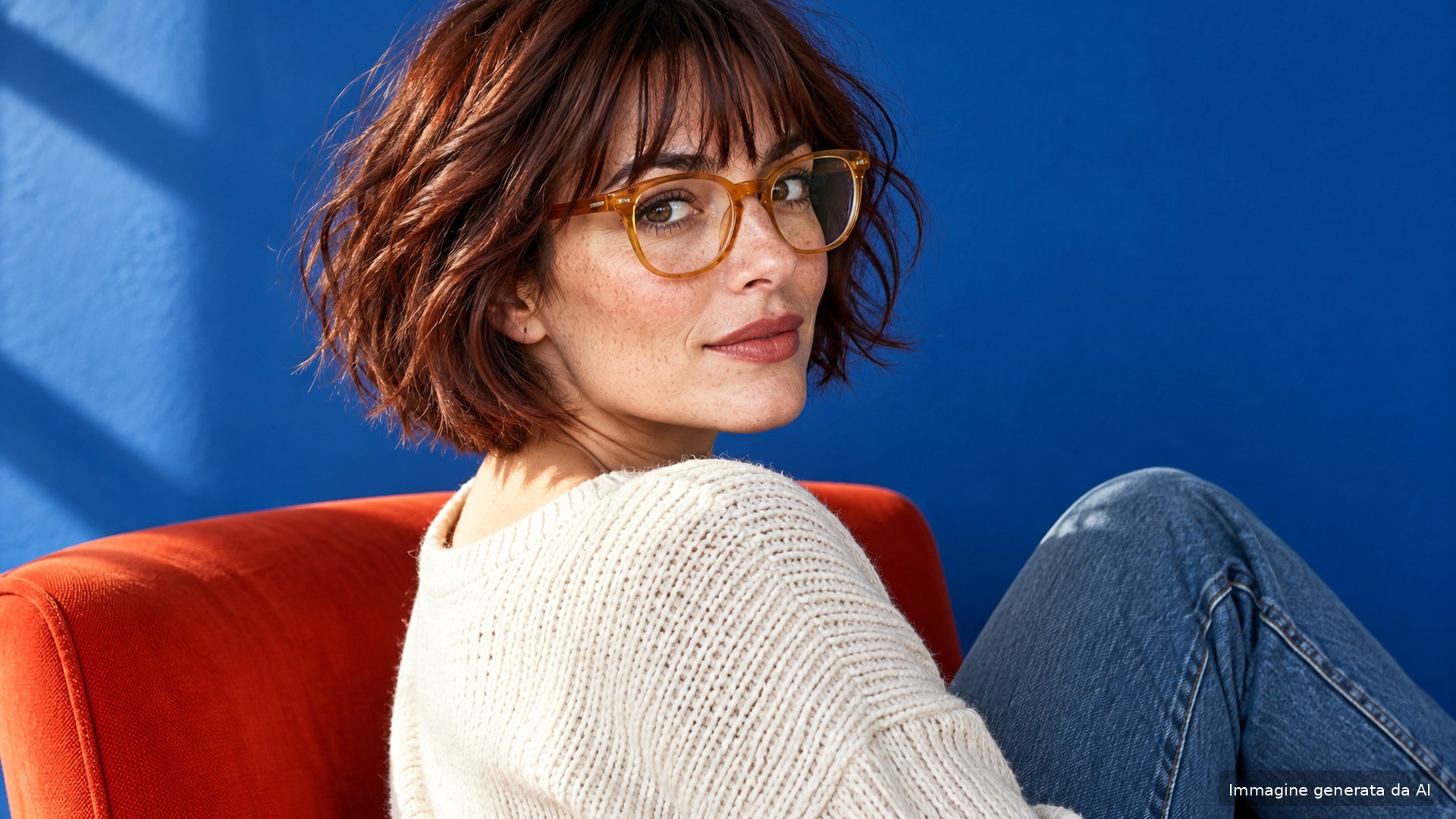 Frangia e occhiali: ritratto moda con taglio e montatura in armonia
