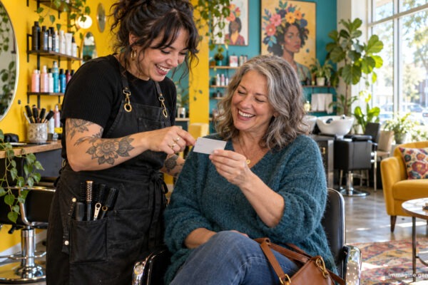 Cliente e hairstylist discutono il nuovo appuntamento in salone