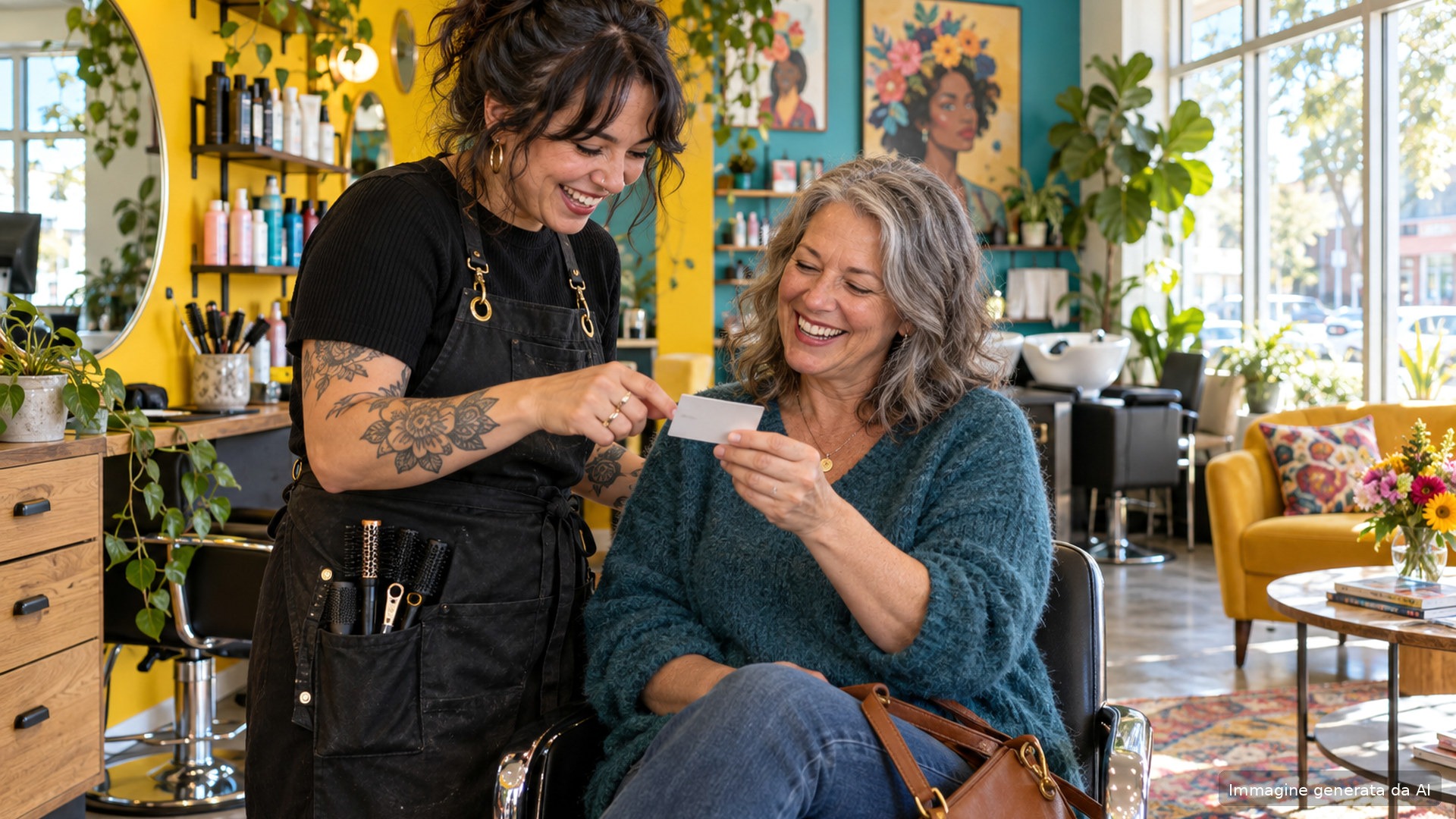 Cliente e hairstylist discutono il nuovo appuntamento in salone