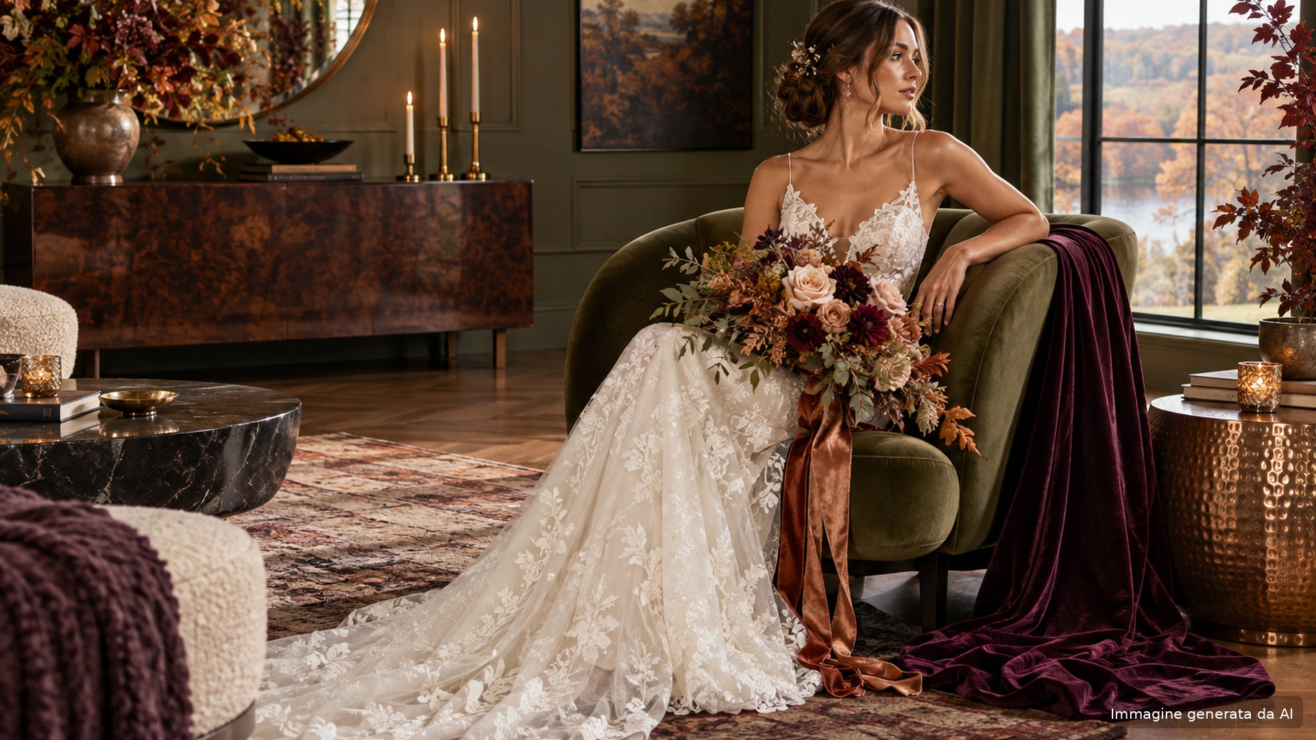 Acconciatura da sposa autunnale raccolta morbida in un ambiente elegante