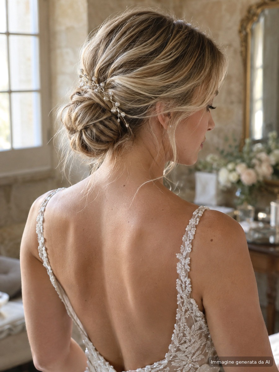 Chignon basso morbido da sposa con ciocche leggere
