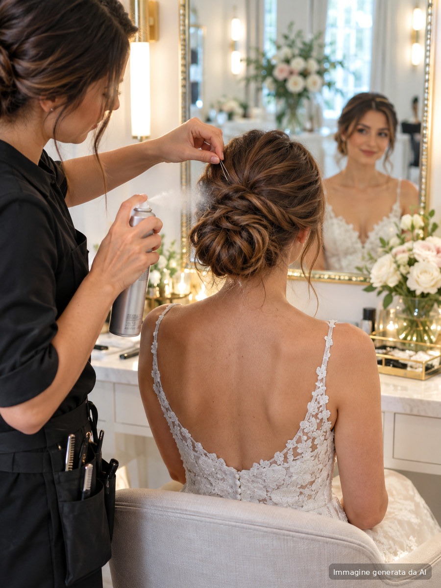 Hairstylist fissa uno chignon da sposa con forcine per maggiore tenuta