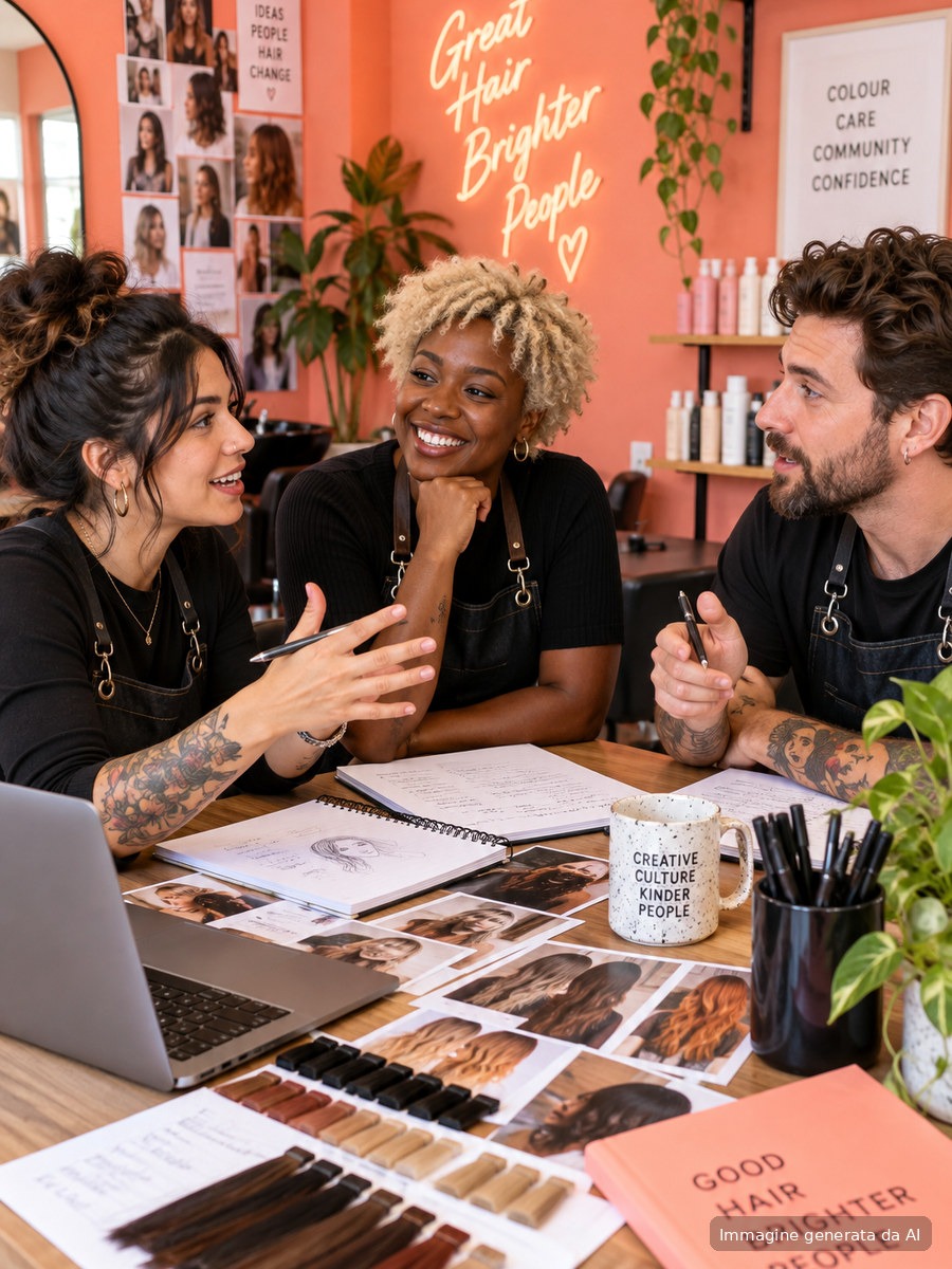 Team di hairstylist condivide conoscenze e prova una tecnica nuova