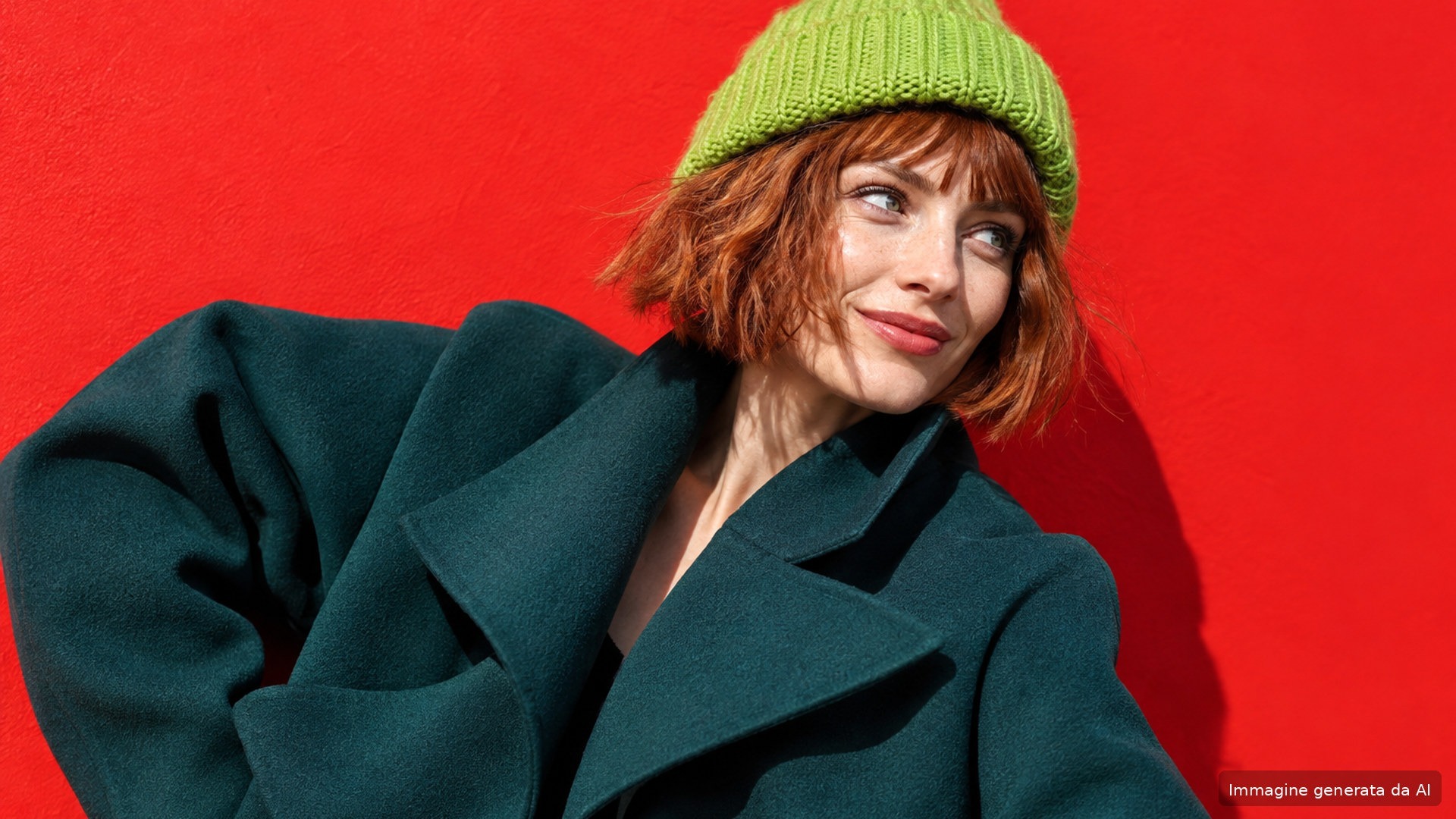 Bob ramato e cappello verde in un ritratto moda invernale