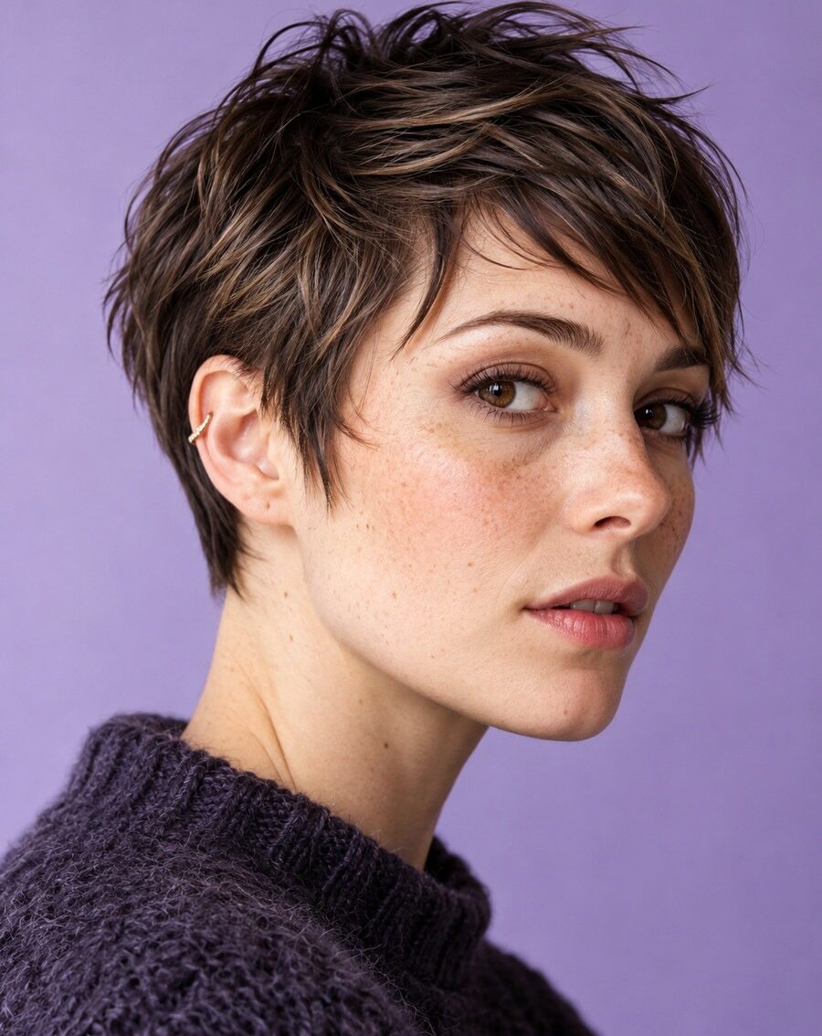 Pixie texturizzato con ciuffo e volume sotto il cappello