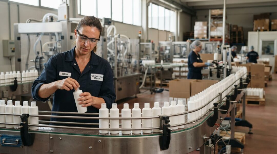 Produzione italiana di cosmetici professionali per capelli in stabilimento, immagine generata da AI