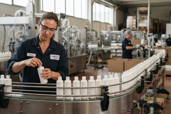 Produzione italiana di cosmetici professionali per capelli in stabilimento, immagine generata da AI