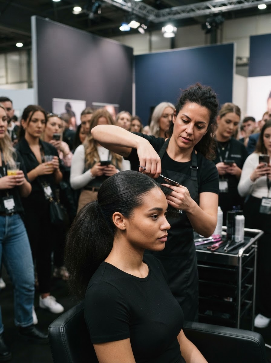 Pubblico professionale durante una dimostrazione di hairstyling in fiera