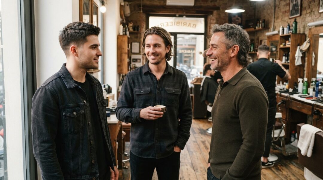 Three men wearing a soft taper, a medium flow and modern mullet haircut. AI-generated editorial image