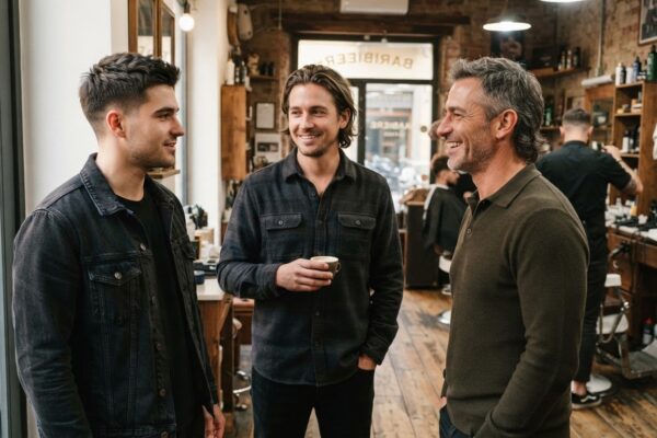 Three men wearing a soft taper, a medium flow and modern mullet haircut. AI-generated editorial image