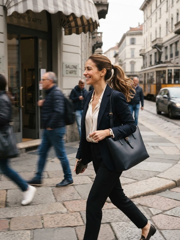 Donna con capelli raccolti rientra in ufficio dopo il salone