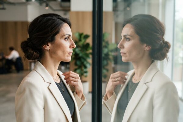 Donna con chignon basso elegante in ambiente di lavoro. Immagine generata da AI