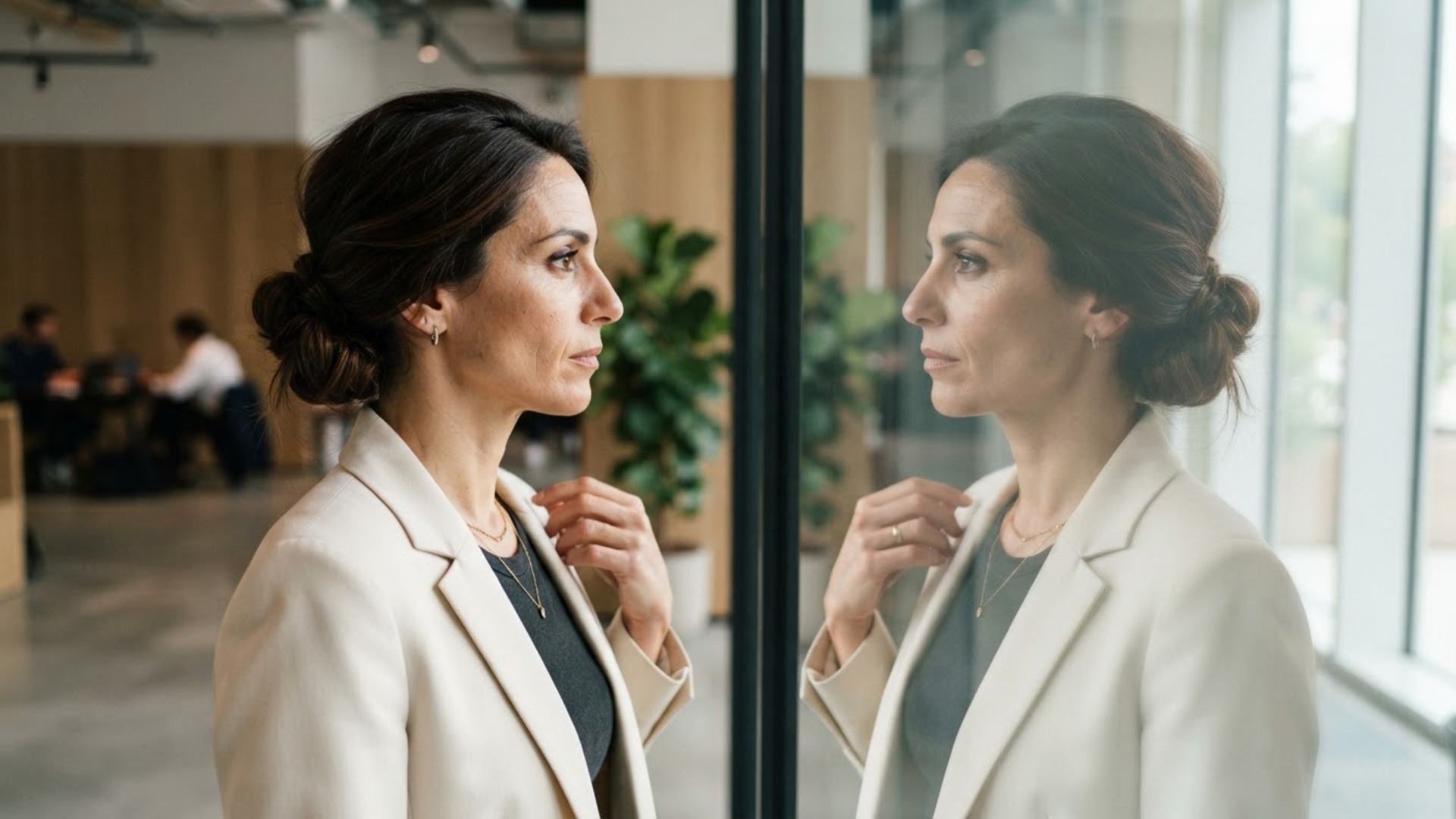 Donna con chignon basso elegante in ambiente di lavoro. Immagine generata da AI