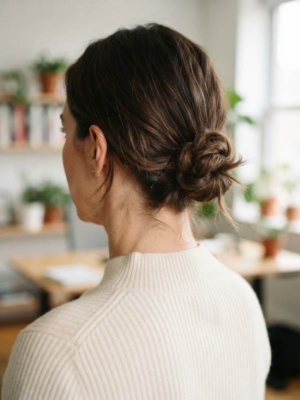 Mini chignon basso su capelli castani: raccolto veloce per l'ufficio