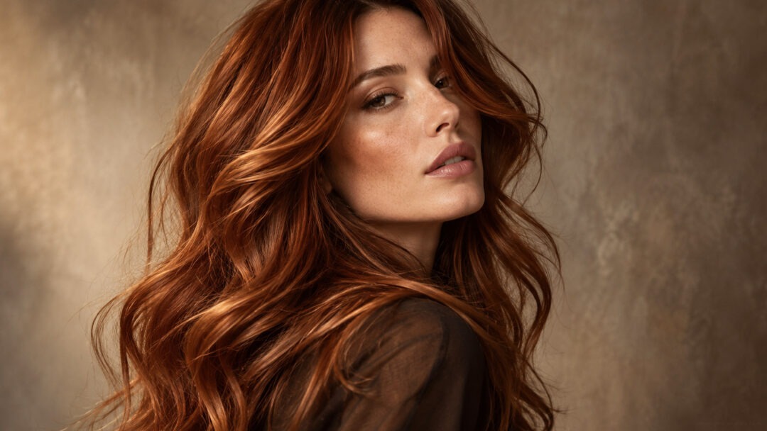 Modella con capelli ramati Auburn Spice lunghi e mossi, ritratto fashion editoriale, immagine generata da AI