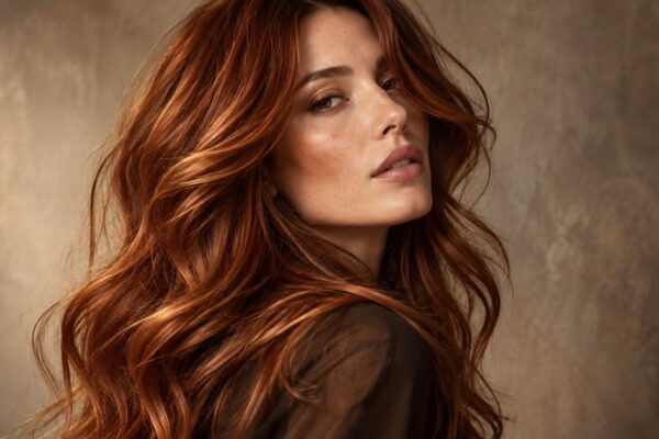 Modella con capelli ramati Auburn Spice lunghi e mossi, ritratto fashion editoriale, immagine generata da AI