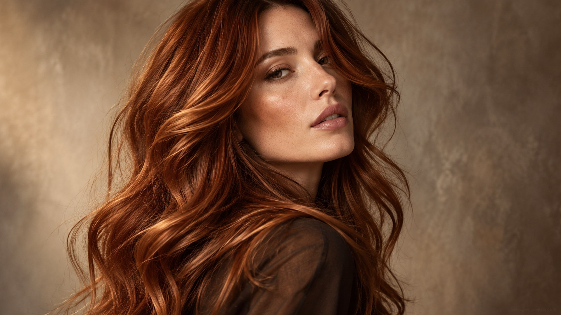 Modella con capelli ramati Auburn Spice lunghi e mossi, ritratto fashion editoriale, immagine generata da AI