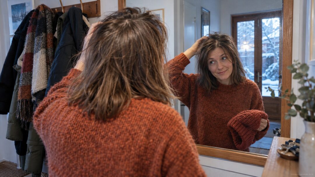Cliente osserva allo specchio i capelli fini dopo aver tolto il berretto invernale.
