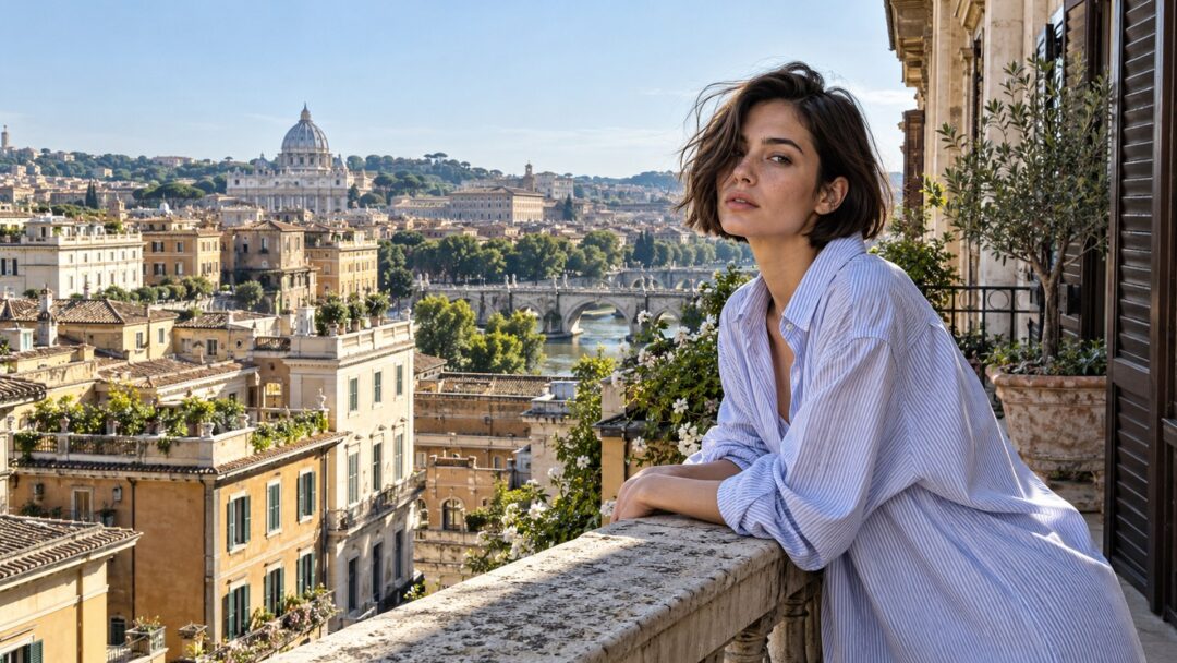 Donna con boyfriend bob mosso dal vento su un balcone in una città italiana