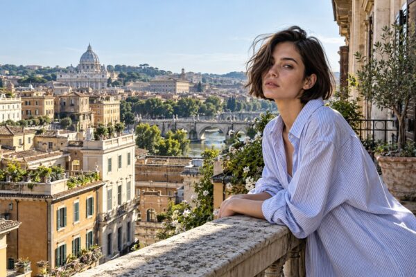 Donna con boyfriend bob mosso dal vento su un balcone in una città italiana