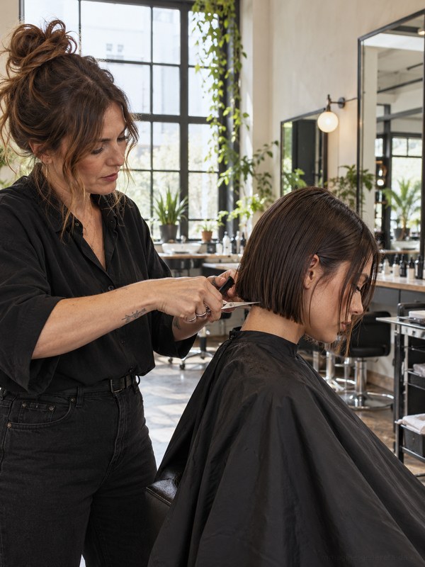 Hairstylist rifinisce con precisione la linea di un caschetto squadrato