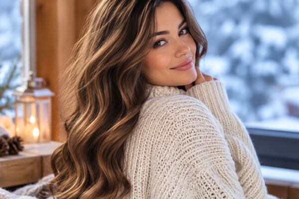 Donna con capelli lunghi castani durante l'inverno, maglione avorio e luce naturale
