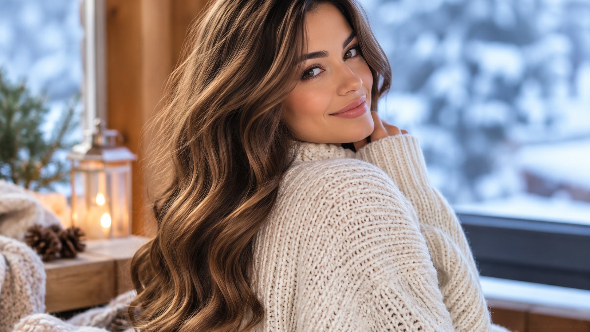 Donna con capelli lunghi castani durante l'inverno, maglione avorio e luce naturale