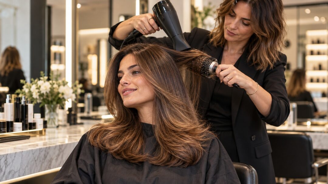 Parrucchiera realizza una piega professionale su capelli castani lunghi con phon e spazzola, salone contemporaneo