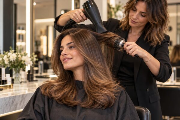 Parrucchiera realizza una piega professionale su capelli castani lunghi con phon e spazzola, salone contemporaneo