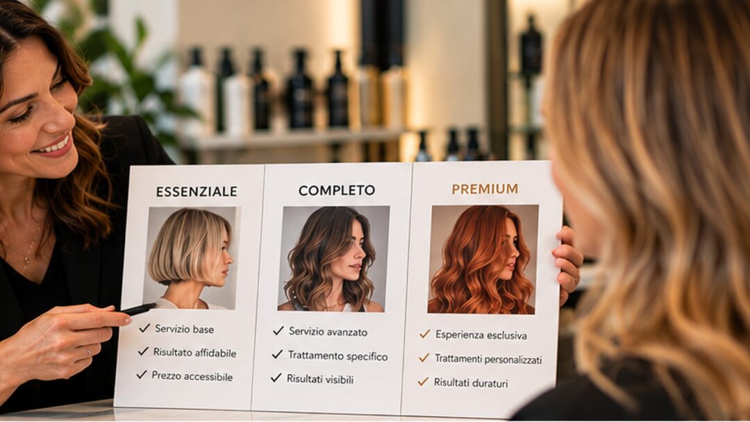 Parrucchiera presenta alla cliente tre opzioni di servizio: essenziale, completo e premium. Immagine generata da AI.