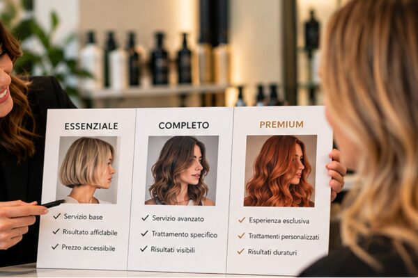 Parrucchiera presenta alla cliente tre opzioni di servizio: essenziale, completo e premium. Immagine generata da AI.