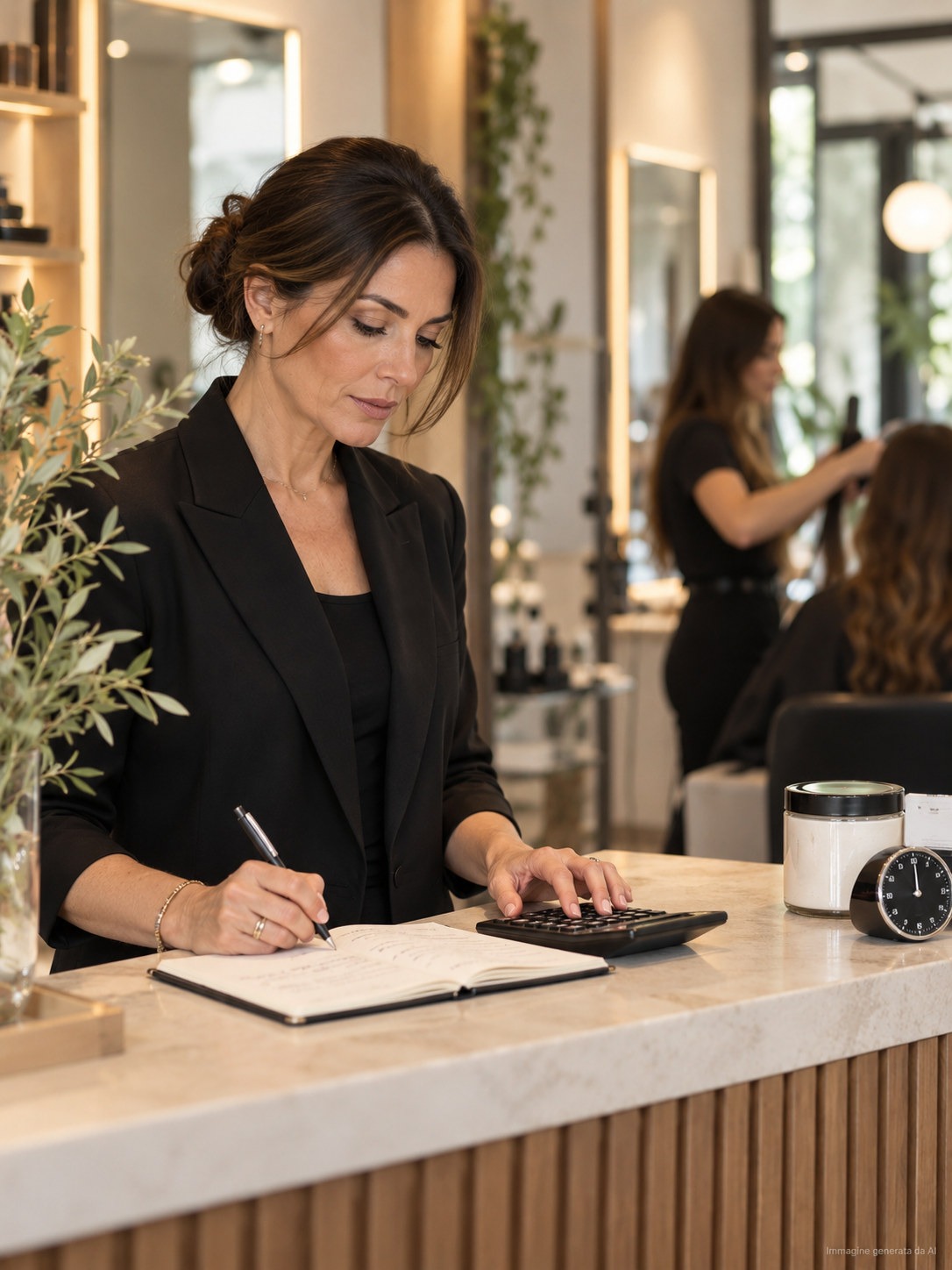 Titolare di salone calcola tempi e costi di un servizio alla reception