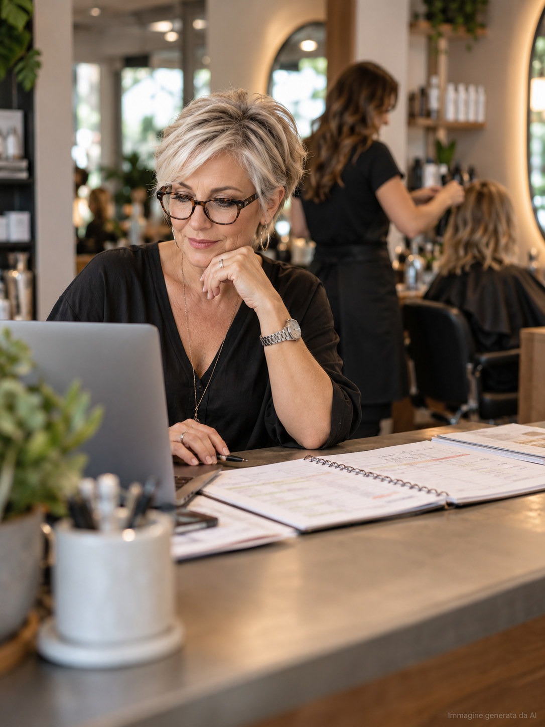 Salon owner planning staff hours at the reception desk
