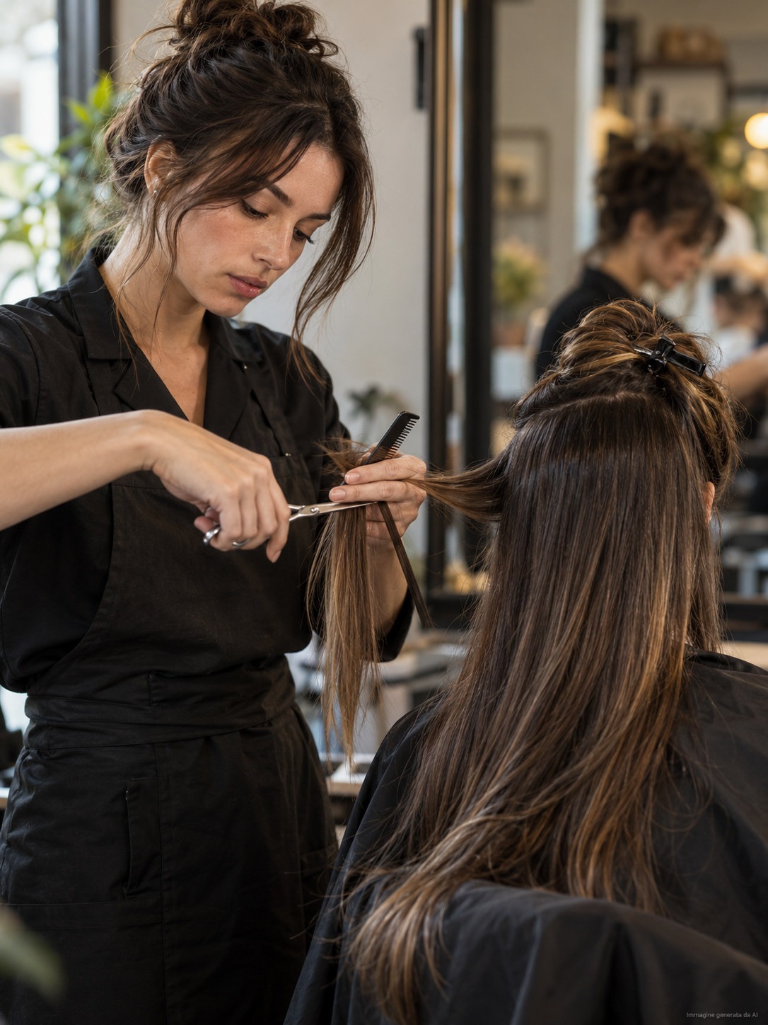 An employed stylist cutting a client's hair in an Italian craft salon