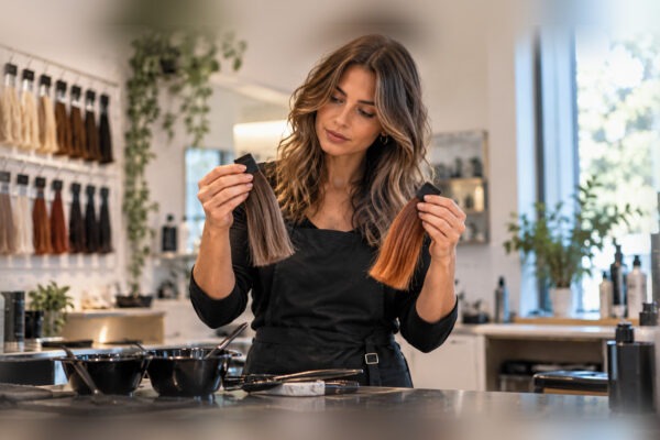 Hair colorist comparing brown and copper hair samples with her complete face and hair visible