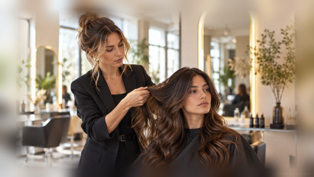 Hair stylist consulting a client with beautiful natural dark wavy hair, full faces and hairstyles visible