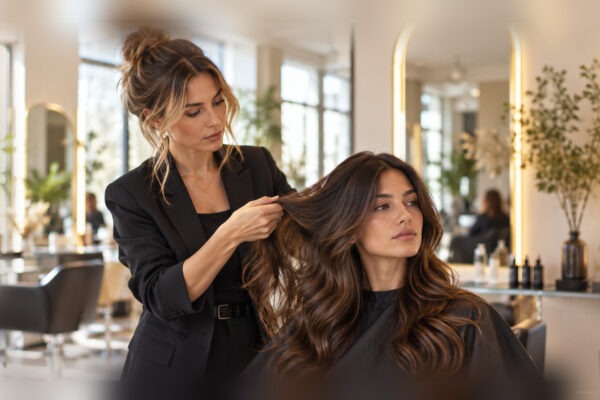Hair stylist consulting a client with beautiful natural dark wavy hair, full faces and hairstyles visible