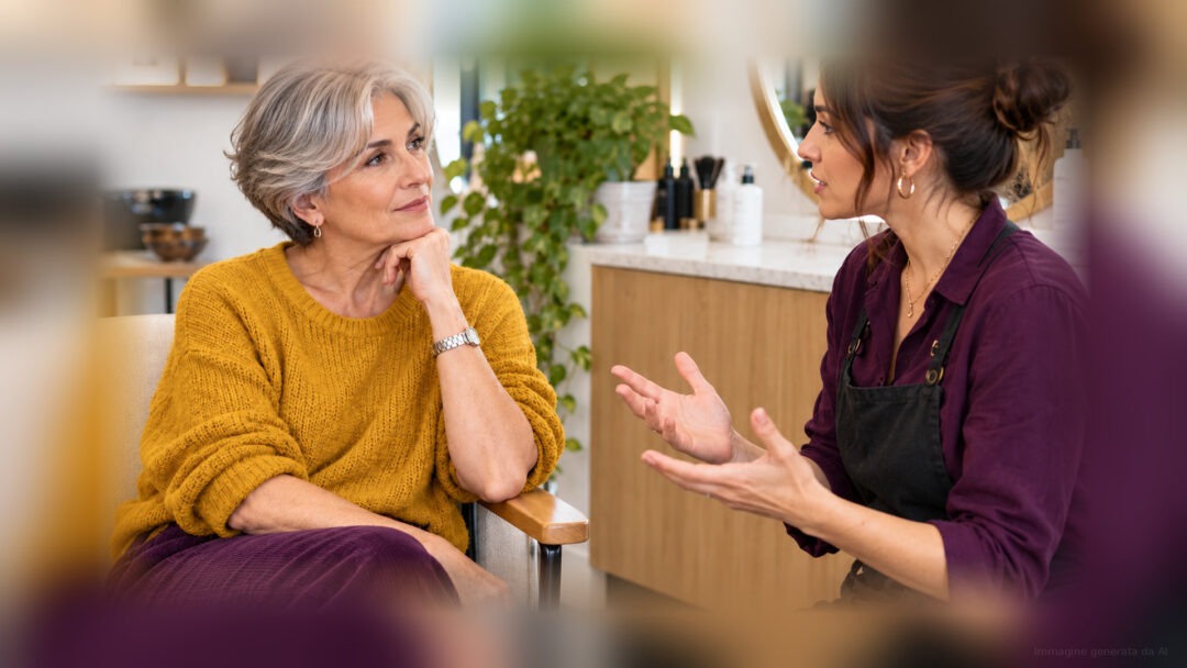 English salon price consultation: a silver-haired client and a hairstylist speaking in a salon, with both faces and hairstyles fully visible