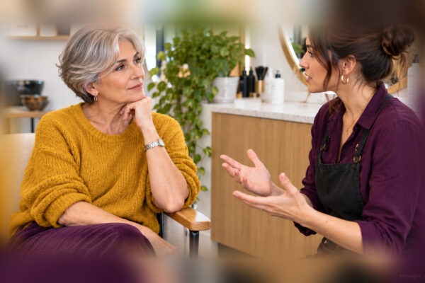 English salon price consultation: a silver-haired client and a hairstylist speaking in a salon, with both faces and hairstyles fully visible