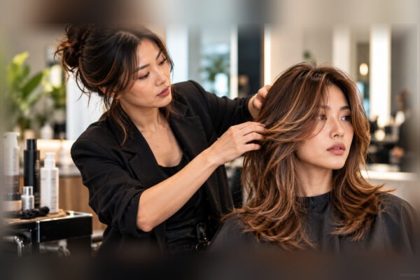 Hairstylist professionista con cliente, capelli e volti completamente visibili, illustrazione del settore haircare professionale