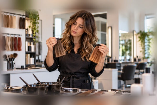 Colorista confronta due ciocche castane e rame, volto e capelli completamente visibili
