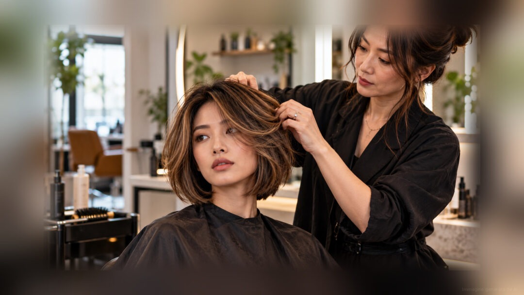 Professionista e cliente in salone; taglio e volti completamente visibili durante la valutazione della qualità di un servizio haircare