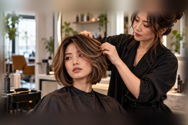 Professionista e cliente in salone; taglio e volti completamente visibili durante la valutazione della qualità di un servizio haircare
