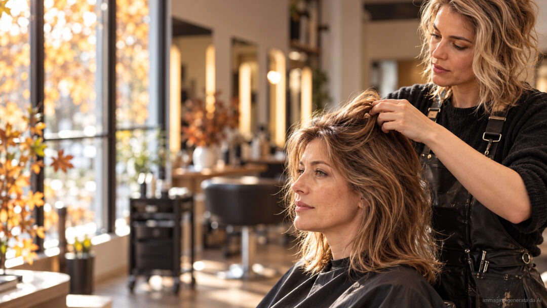 Parrucchiera osserva i capelli sottili di una cliente in salone in autunno