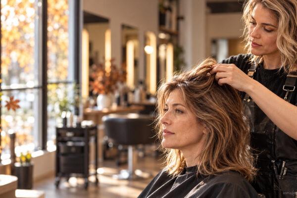 Parrucchiera osserva i capelli sottili di una cliente in salone in autunno