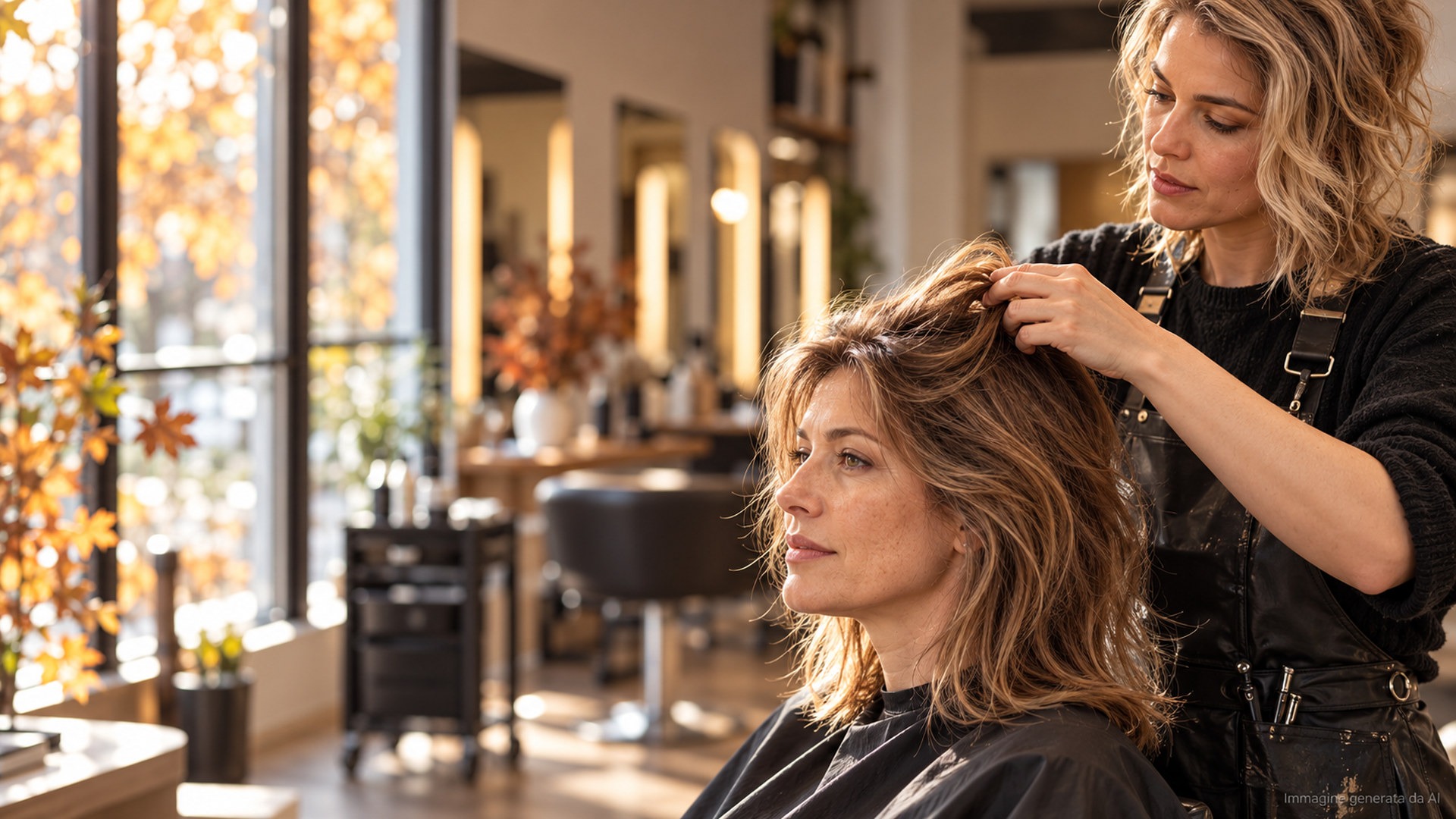Parrucchiera osserva i capelli sottili di una cliente in salone in autunno
