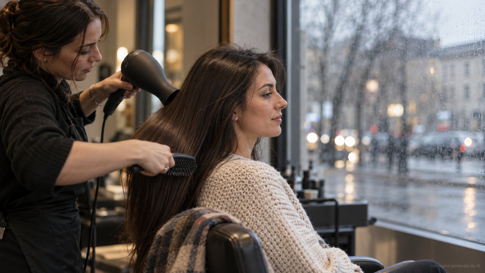 Parrucchiera rifinisce un liscio lucido con spazzola e phon mentre fuori piove