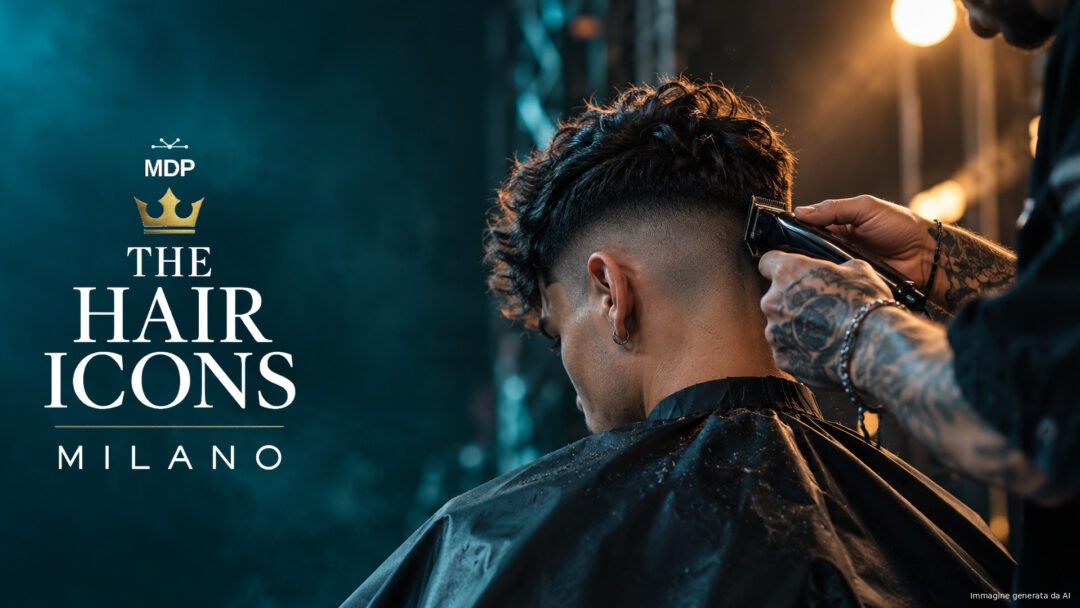 Logo THE HAIR ICONS Milano con sfumatura barber eseguita sul palco