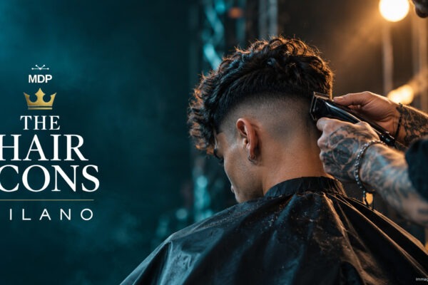 Logo THE HAIR ICONS Milano con sfumatura barber eseguita sul palco