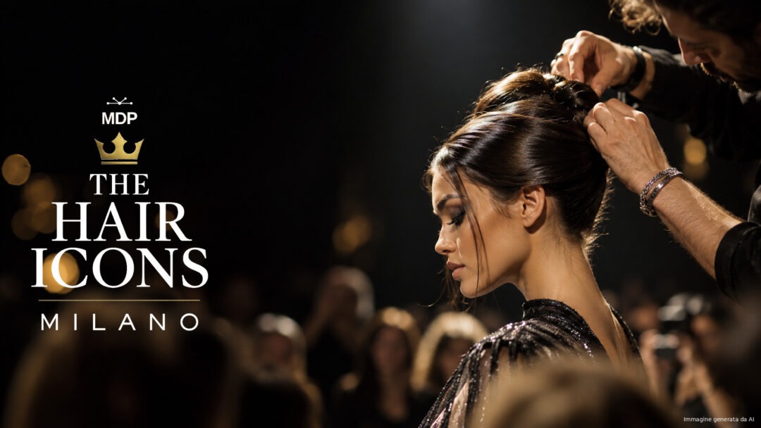 Logo THE HAIR ICONS Milano con hairstylist al lavoro sotto le luci dello show